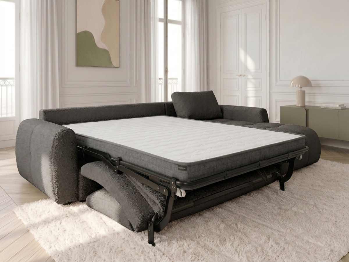Canapé d'angle réversible convertible coffre FUJI ouverture express tissu bouclette