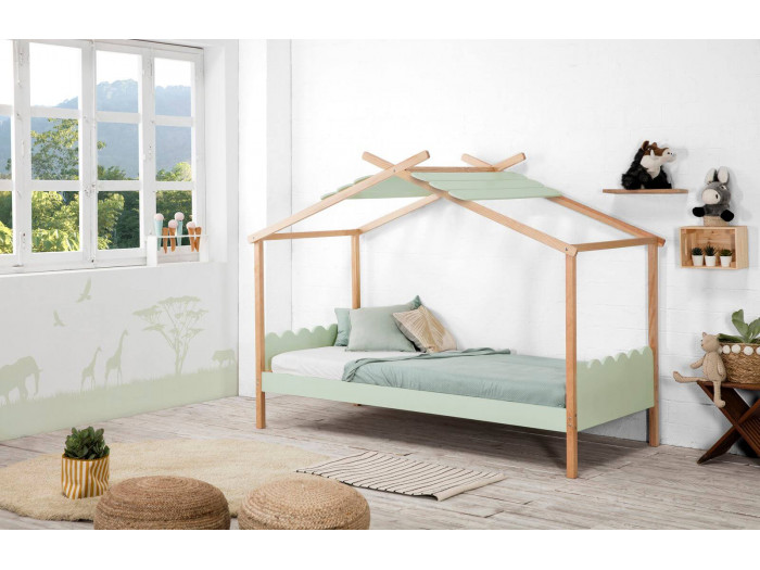 Lit cabane 90x200 cm IDALIA Bois clair et Vert