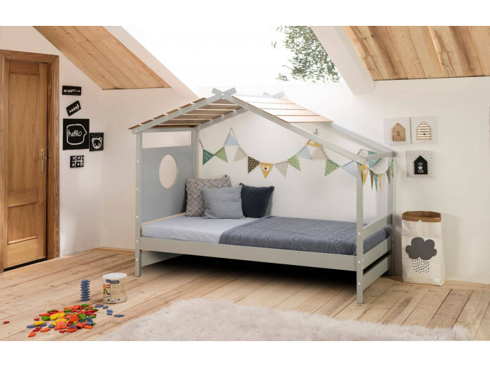 Lit cabane 90x190 cm MOA Gris clair et Bois clair