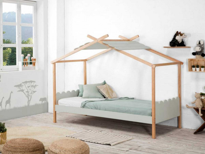 Lit cabane 90x200 cm IDALIA Bois clair et Gris