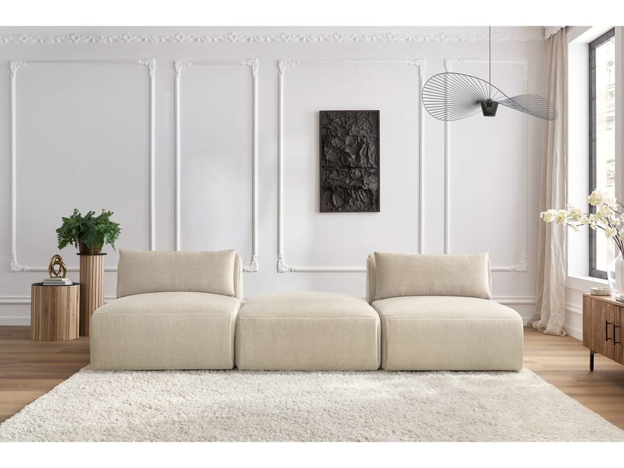 Canapé Jeanne trois éléments modules beige alignés vue de face, salon blanc