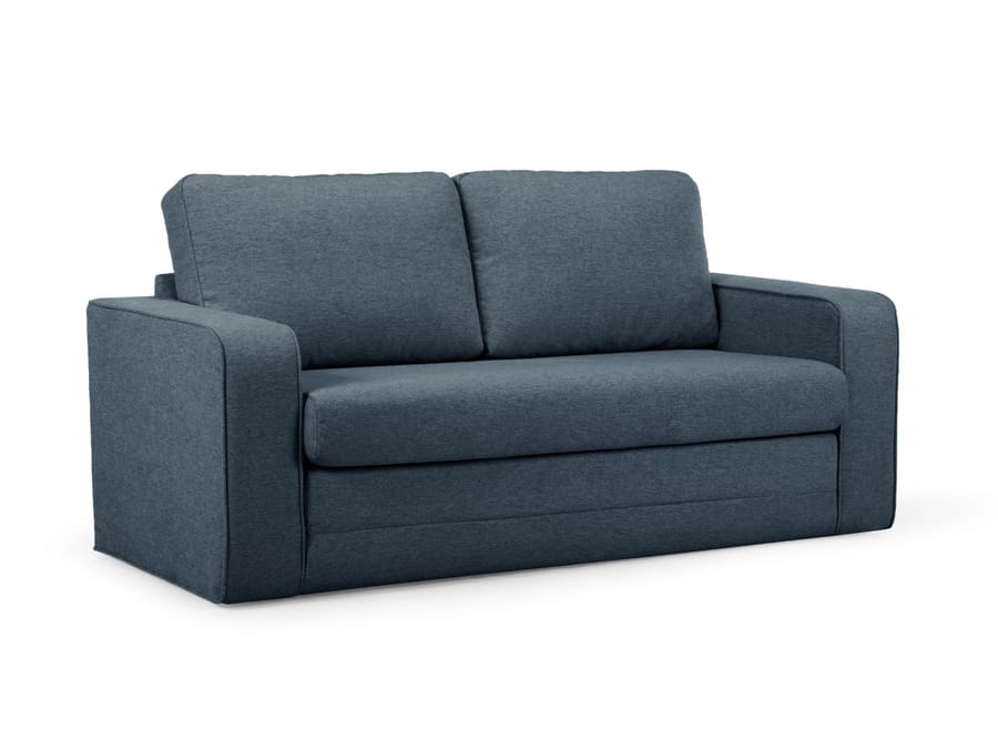 Canapé Come en tissu bleu gris vu de face avec coussins de dossier.