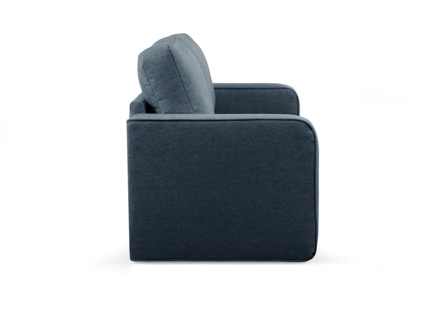 Canapé Come en tissu bleu foncé vu de profil montrant l'épaisseur et la hauteur.