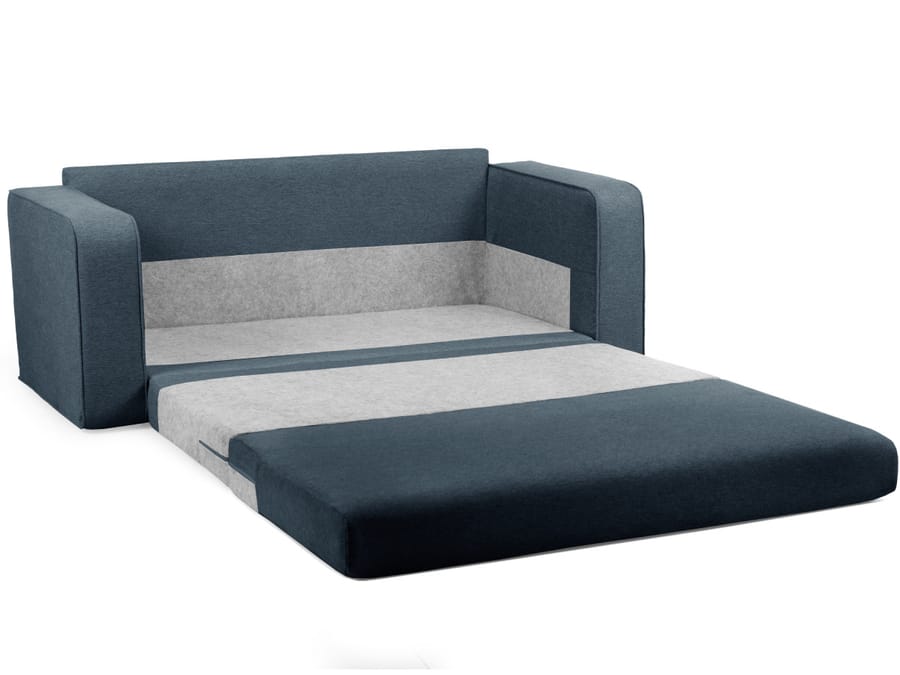 Canapé Come convertible en tissu bleu déplie en lit avec matelas visible.