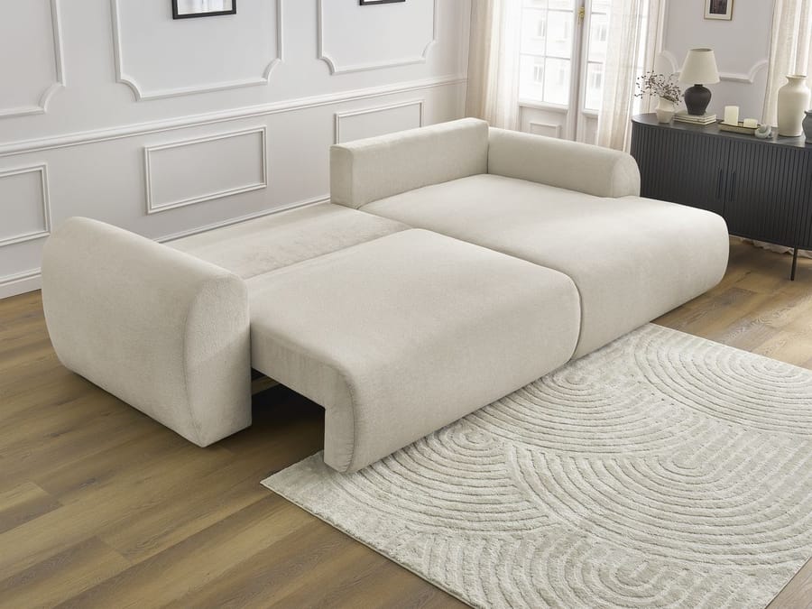 Canapé Lucien gris clair convertible en lit, méridienne dépliée, matelas visible