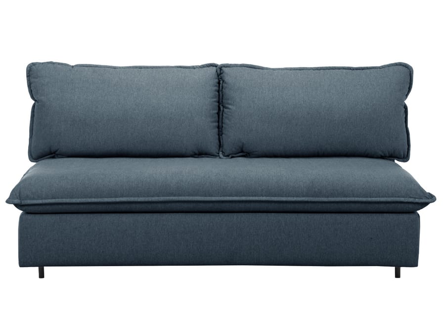 Canapé Isadora bleu vu de face, dossier à deux coussins et assise sur fond blanc.