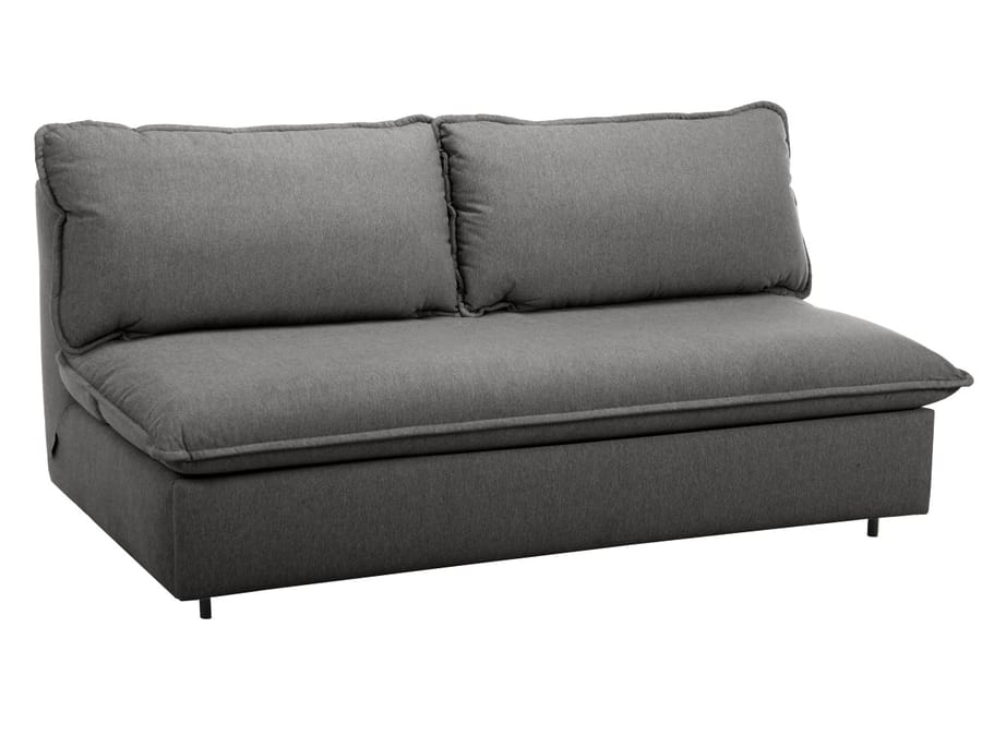 Canapé Isadora gris anthracite en tissu, deux coussins de dossier, assise large, fond blanc.