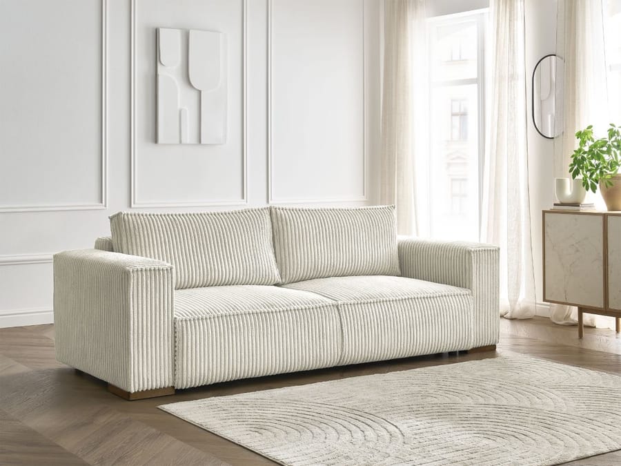 Canapé Chelsea blanc en tissu rayé, vue de profil montrant la profondeur et la hauteur du mobilier
