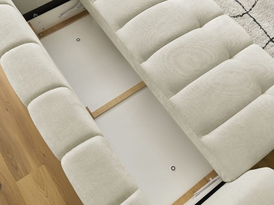 Mécanisme de convertible du canapé Fuji avec le sommier et les lattes visibles.