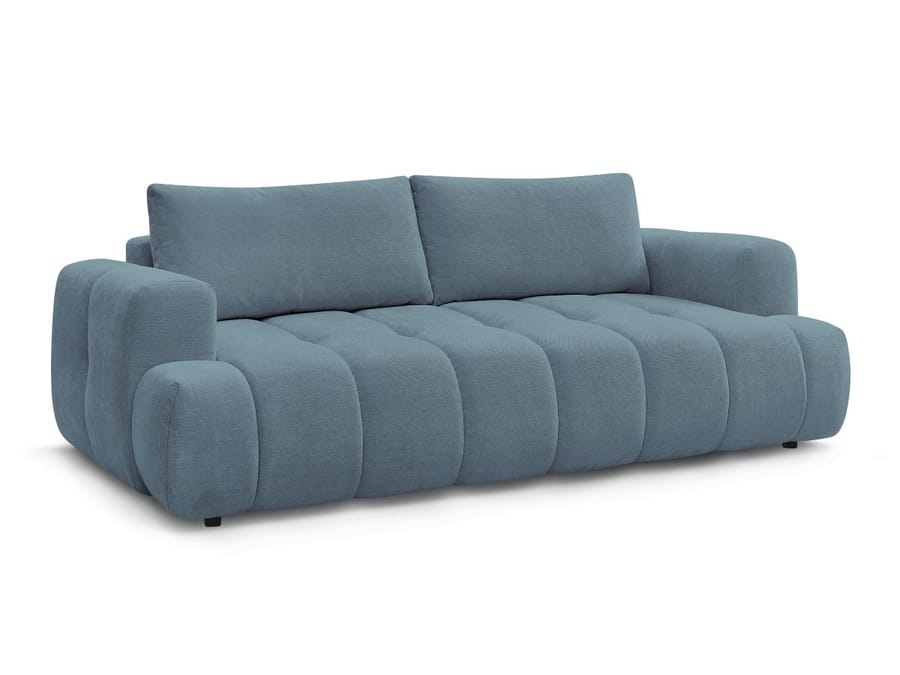 Canapé Fuji en tissu bouclette bleu gris, vue de face sur fond blanc.