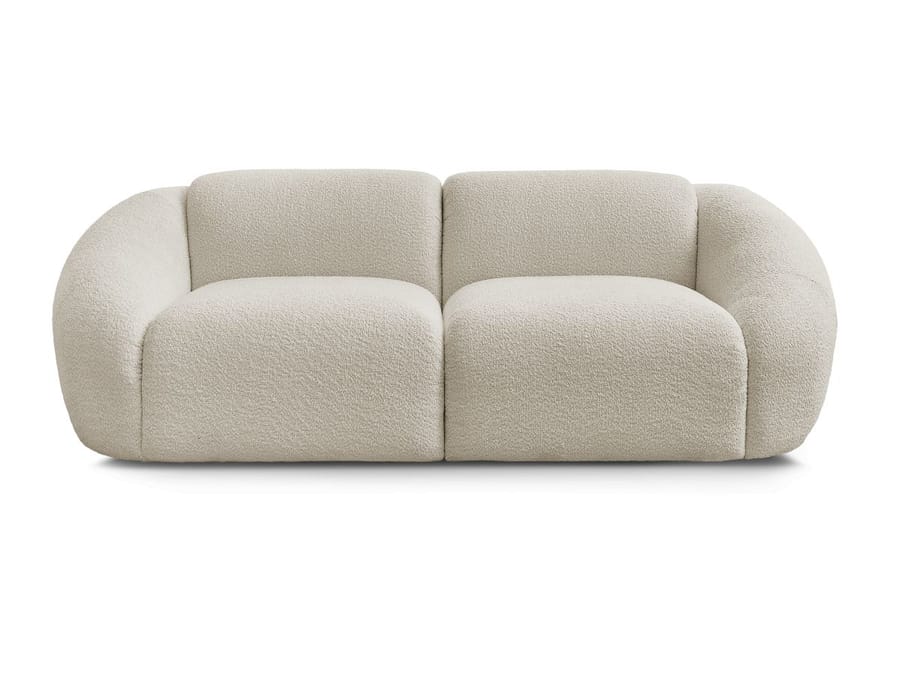 Canapé Tina deux modules en tissu beige, formes arrondies, vue de face.