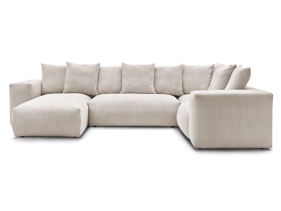 Canapé Voltaire d'angle en tissu beige clair vue frontale sur fond blanc
