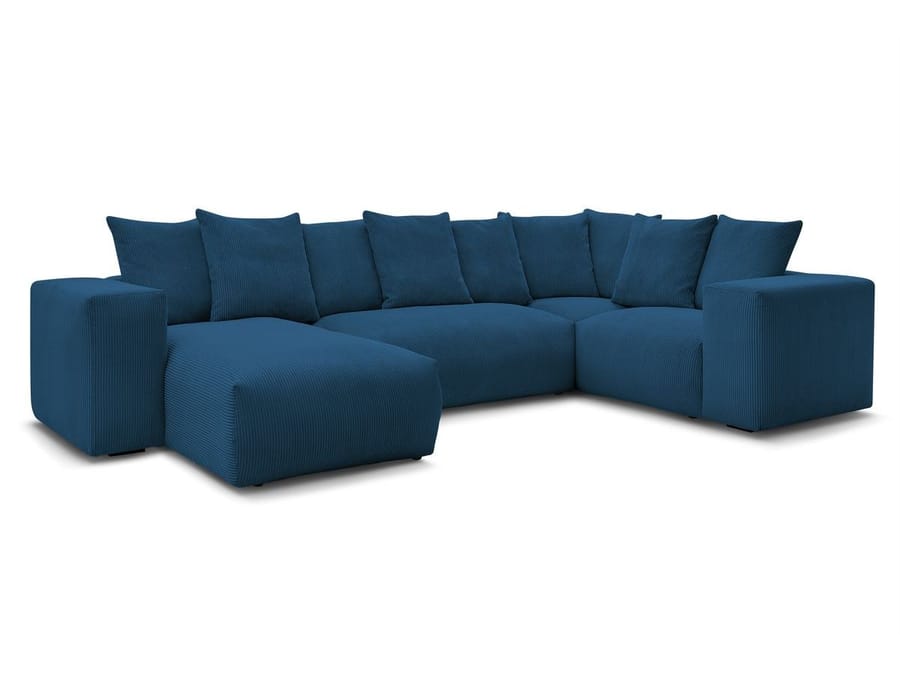 Canapé Voltaire d'angle en tissu bleu foncé avec coussins sur fond blanc isolé