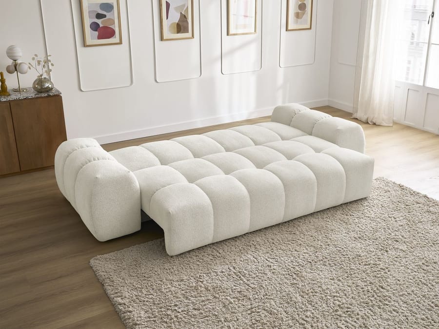 Canapé Everest beige, vue de dessus et de côté, montrant sa forme et ses proportions.