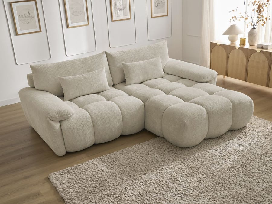 Canapé Ivane d'angle en tissu beige, vue de profil latéral droit.