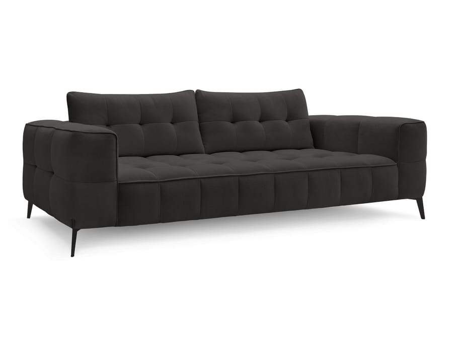 Canapé Anis en tissu noir foncé, vue de face avec détails de matelassage et pieds minimalistes