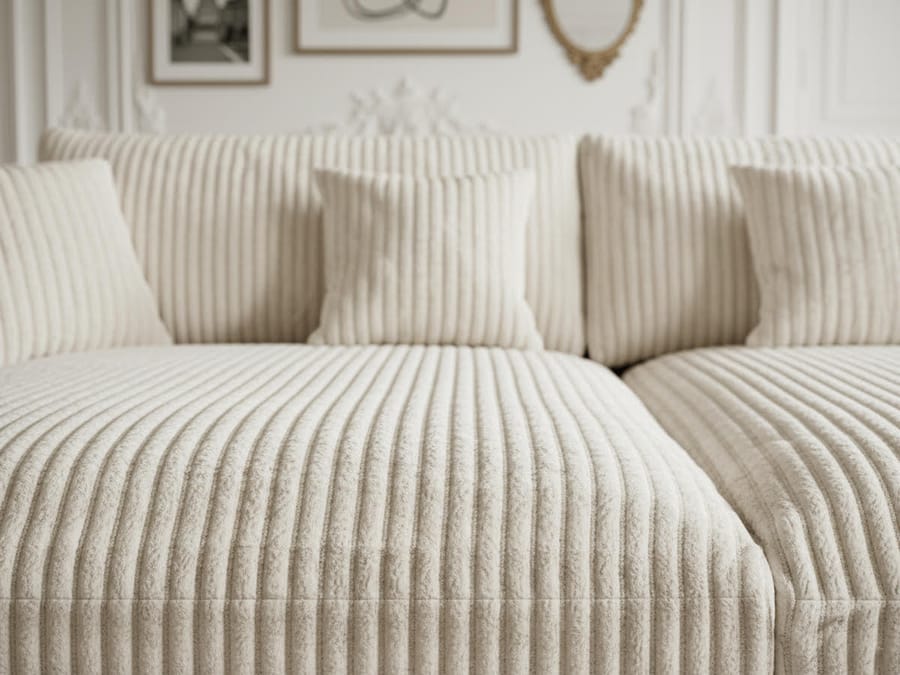 Gros plan des coussins carrés du canapé Belem en tissu côtelé beige clair.