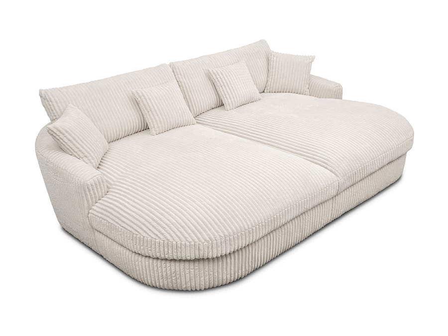 Canapé Belem en tissu côtelé beige, vue de trois quarts montrant profondeur et hauteur.