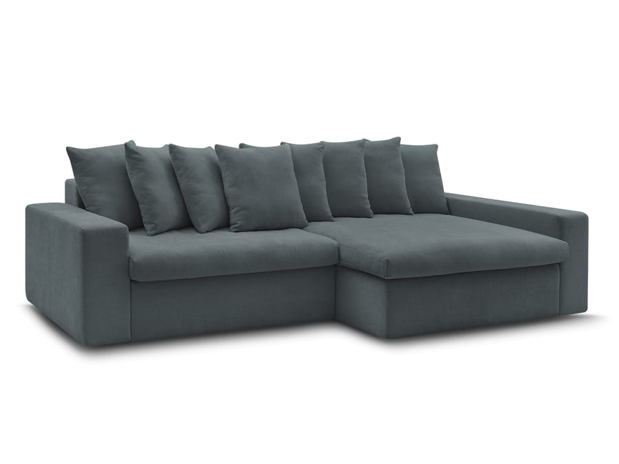 Canapé d'angle Enore en tissu gris anthracite, méridienne à droite, vue de face.