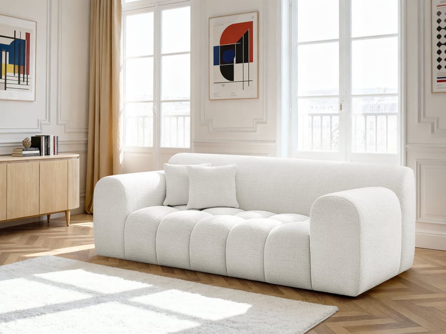 Canapé Mélisse blanc crème en tissu dans un salon moderne lumineux avec parquet.