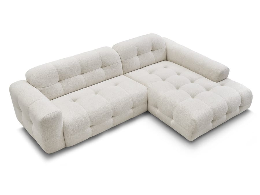 Canapé Laura d'angle en tissu beige vue frontale sur fond blanc.