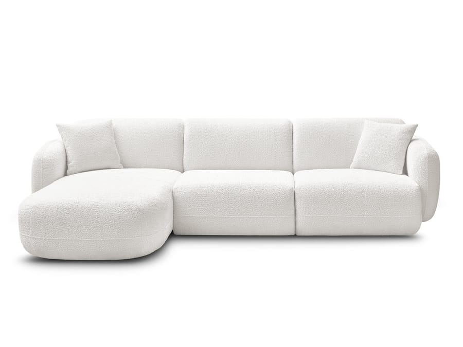 Canapé Anda blanc modulaire avec méridienne, vue frontale en perspective trois quarts