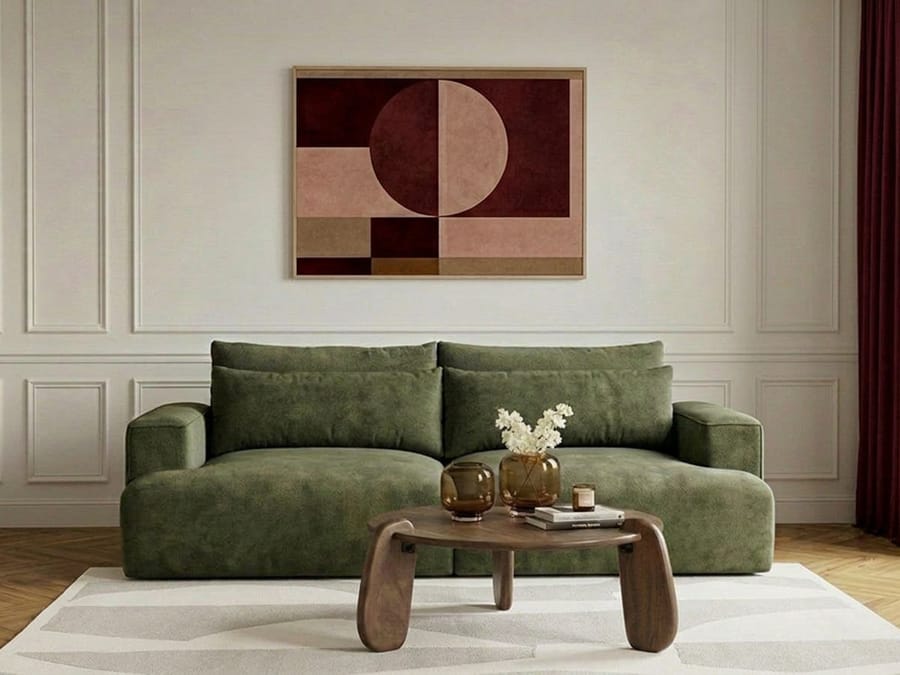 Canapé Twiny vert kaki en ambiance salon avec tableau géométrique et table basse bois