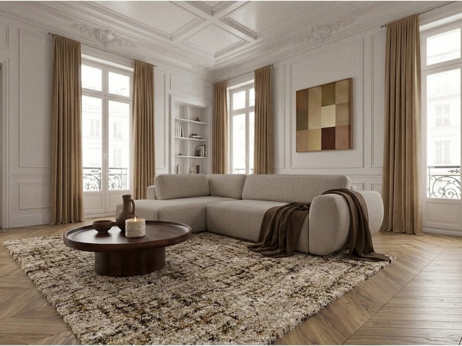 Canapé Denise angle convertible beige, méridienne droite, salon haussmannien blanc taupe