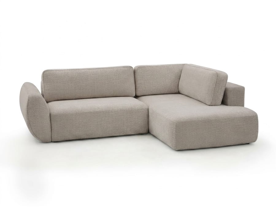 Canapé Denise angle convertible tissu beige, vue de trois quarts, méridienne à droite