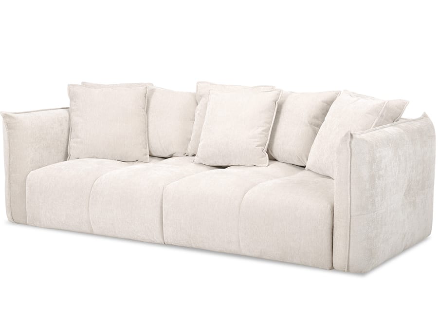 Canapé Harlem beige, vue latérale montrant l'épaisseur et les coussins.