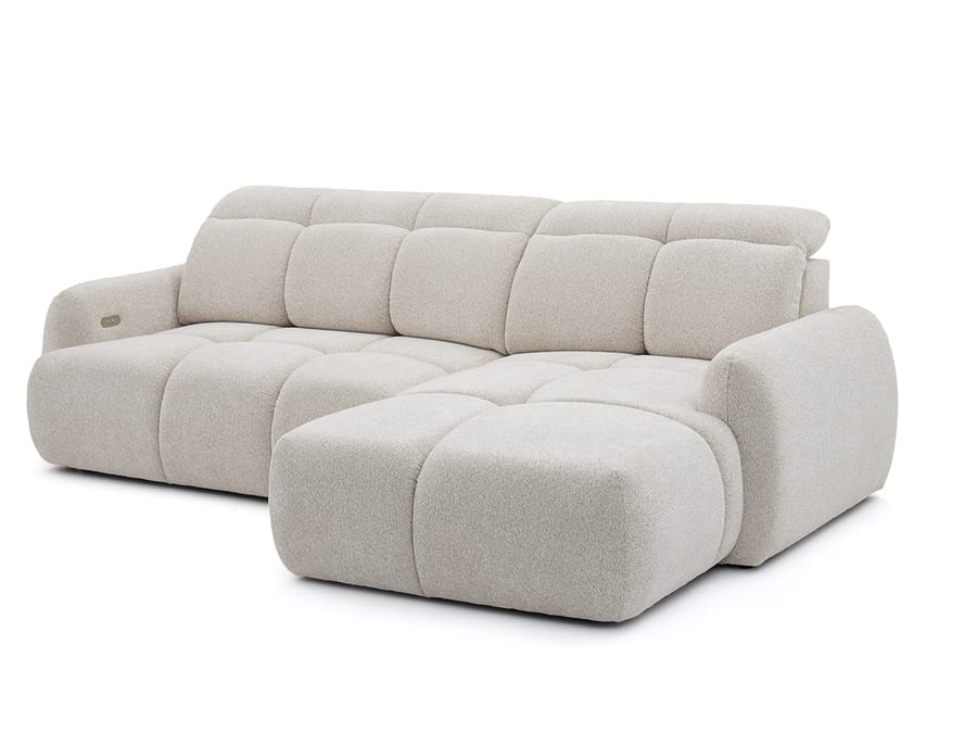 Canapé Ruby angle beige tissu, vue de dessus trois-quarts, configuration méridienne