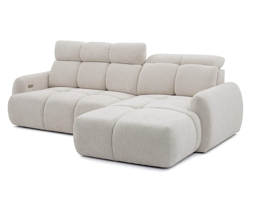 Canapé Ruby angle beige tissu, vue de dessus trois-quarts, modules assemblés