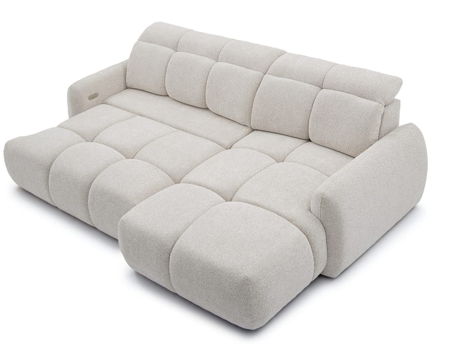 Canapé Ruby angle beige tissu, vue profil exagérée, dimensions couches assises visibles