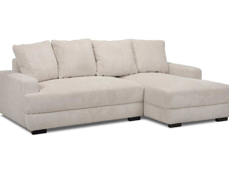 Canapé Campi angle tissu beige côtelé avec méridienne droite, vue dégagée.