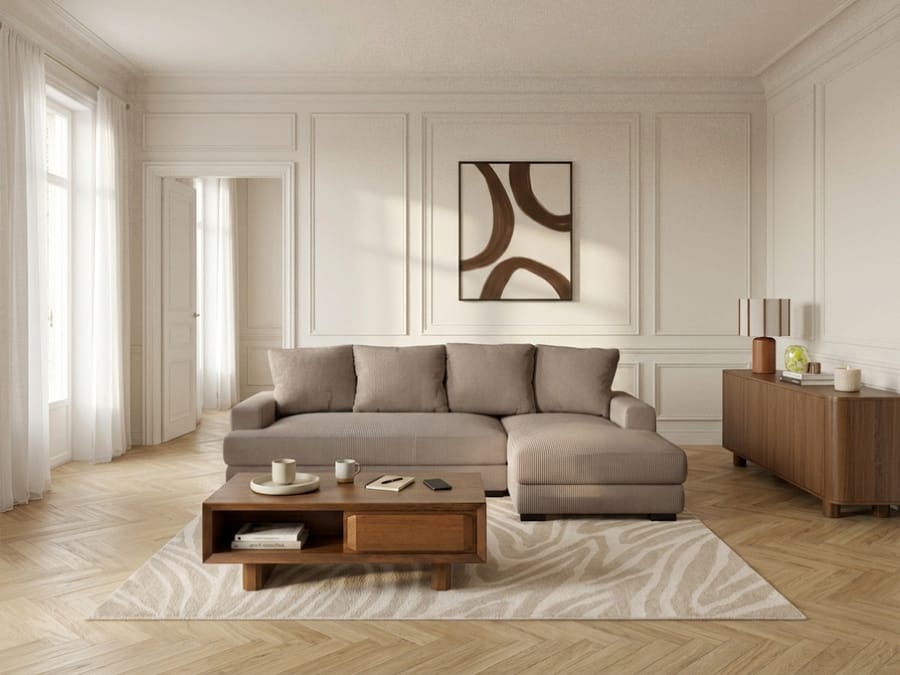 Canapé Campi angle beige avec méridienne dans salon élégant, meuble bois.