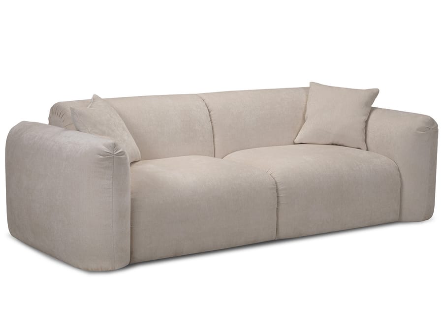 Canapé Siena beige clair détouré, vue de face avec coussins et formes arrondies.