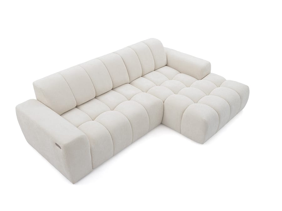 Canapé Théo en tissu beige, configuration angle droit, vue de trois quarts