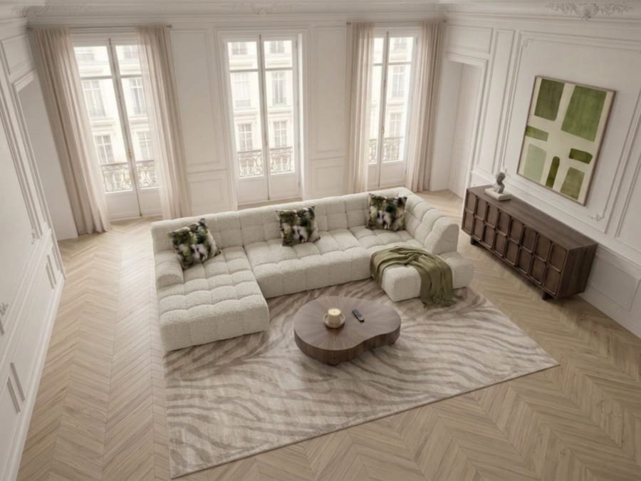 Canapé André angle beige dans un salon blanc avec coussins verts et décoration