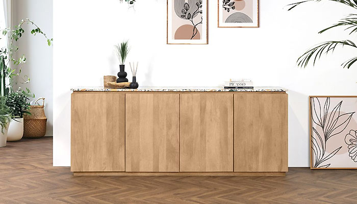 Buffet scandinave en bois massif et plateau en marbre