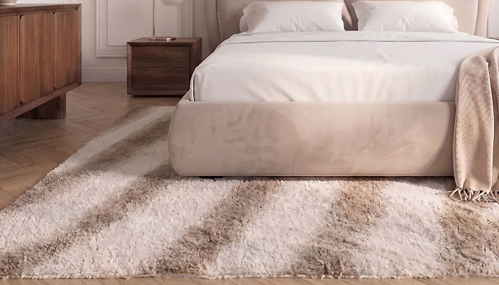 Un tapis qui encadre le lit dans une chambre