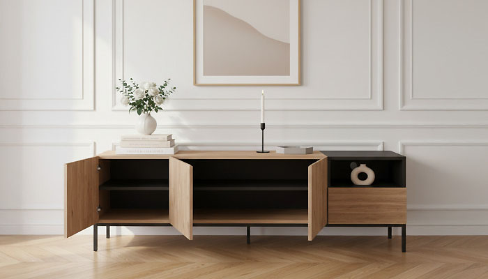 Le meuble TV avec ses rangements