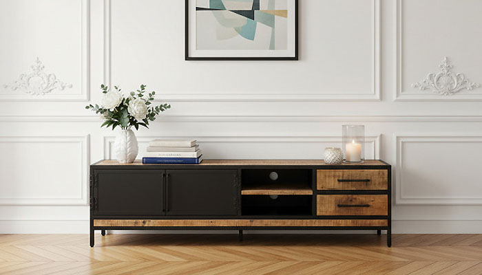Le meuble TV en bois et en m&eacute;tal