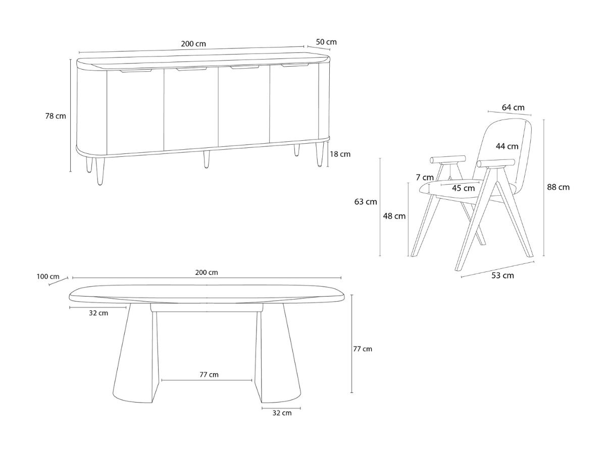 MAZARGUES set met eettafel 6 PAGNOL stoelen en dressoir van 200 cm